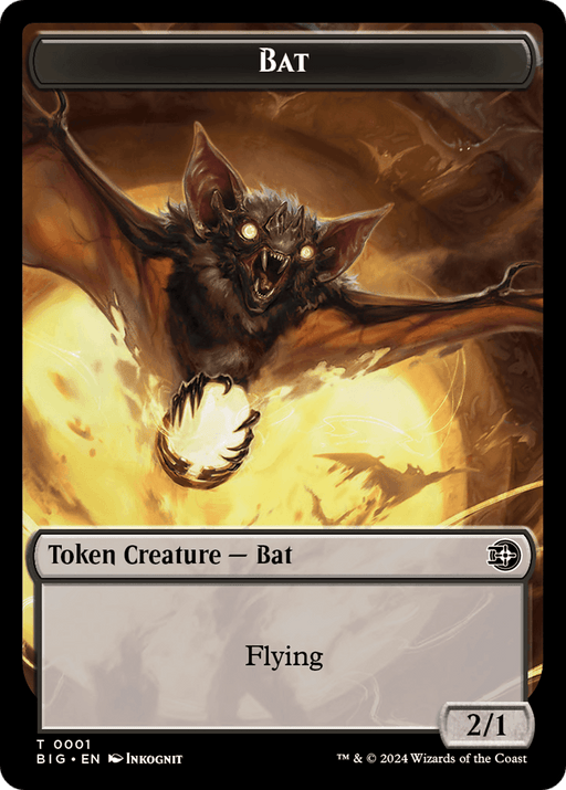 A Magic: The Gathering card titled "Treasure // Bat Double-Sided Token [Outlaws of Thunder Junction Tokens]". The art depicts a fearsome bat creature with glowing red eyes and sharp fangs, emerging from flames. Part of the Outlaws of Thunder Junction series, this Token Creature — Bat has the ability "Flying" and boasts a power and toughness of 2/1.