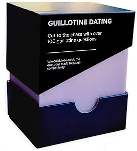 Guillotine Life: Dating by Guillotine-Life is the ultimate couples card game. With a predominantly black design and white text, it encourages players to 'Cut to the chase with over 100 guillotine questions,' while its purple bottom half offers a playful, edgy twist on conversation starters.