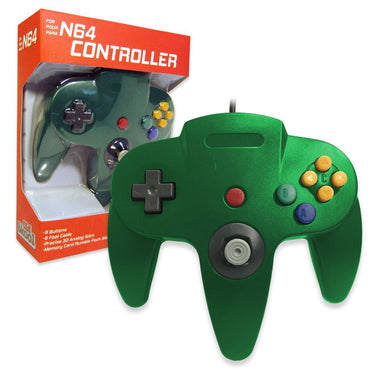 The Old Skool Green N64 Controller is displayed with one joystick and several buttons, including a gray D-pad, red start button, blue, green, yellow, and red C-buttons, plus A and B buttons. It sits next to its packaging featuring the same original design and color scheme.