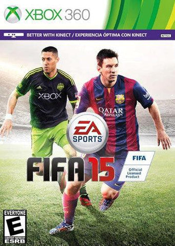 The Xbox 360 cover for "Fifa 15" by Everything Games features two players in green/black and red/blue kits, with the EA Sports logo centered. An "Official Licensed Product," it is rated "Everyone" by ESRB, and the top text highlights Kinect compatibility.