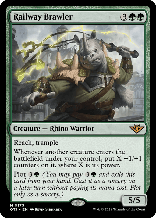 A Magic: The Gathering card named Railway Brawler [Outlaws of Thunder Junction] from the *Outlaws of Thunder Junction* set. This mythic depicts a humanoid Rhino Warrior in armor holding a spiked weapon. Card text includes game mechanics like "Reach," "Trample," and placing +1/+1 counters. It costs 3 generic and 2 black and green mana.