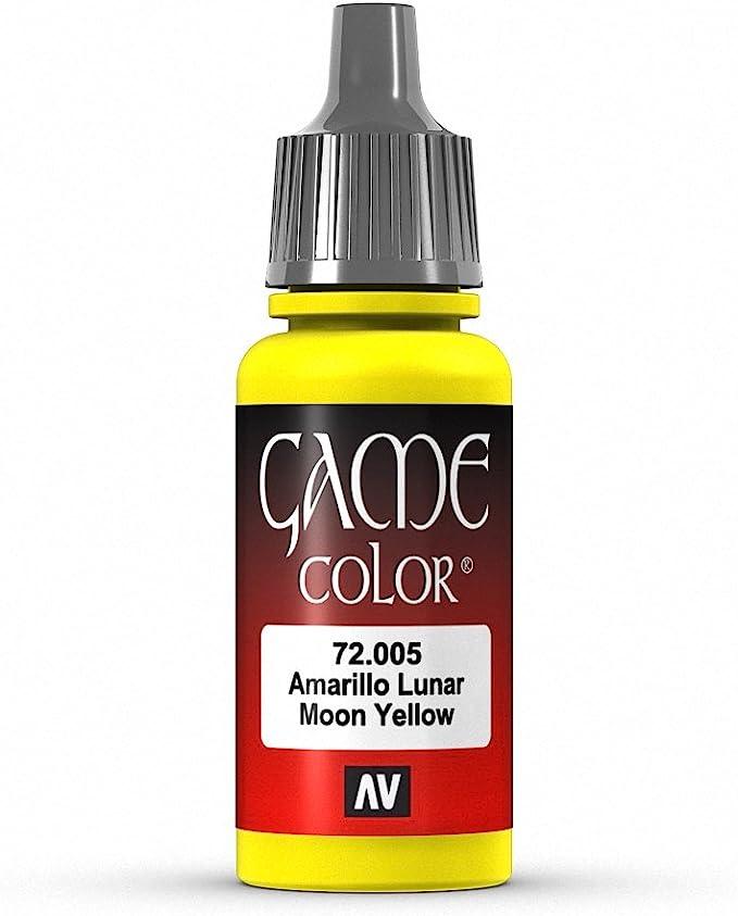 The Vallejo Game Color Moon Yellow Paint, 17ml, offers highly pigmented acrylic ideal for fantasy figures. The yellow body with a red label shows the Vallejo brand in white text and features a gray dropper cap for precise, matte, and opaque coatings.