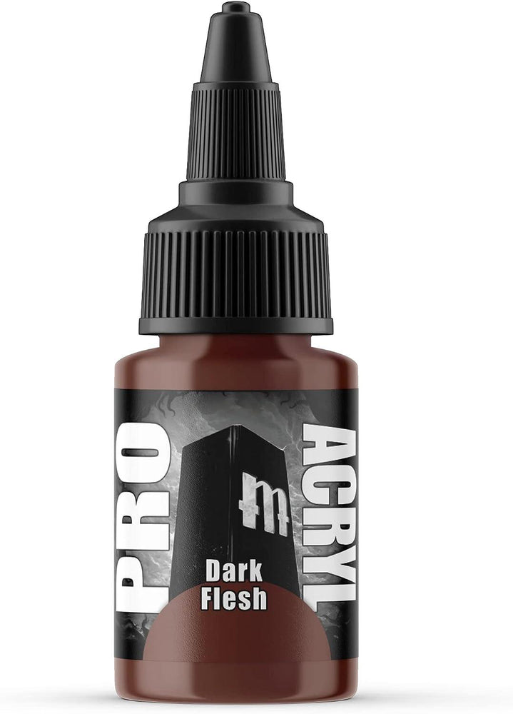 The Monument Hobbies 068 - Pro Acryl Dark Flesh Acrylic Paint is ideal for miniature painting. It features a dark brown bottle with a black screw-on cap and dropper top. The label has an abstract design, showcasing the letter "m" in white text, perfect for tabletop hobby projects.