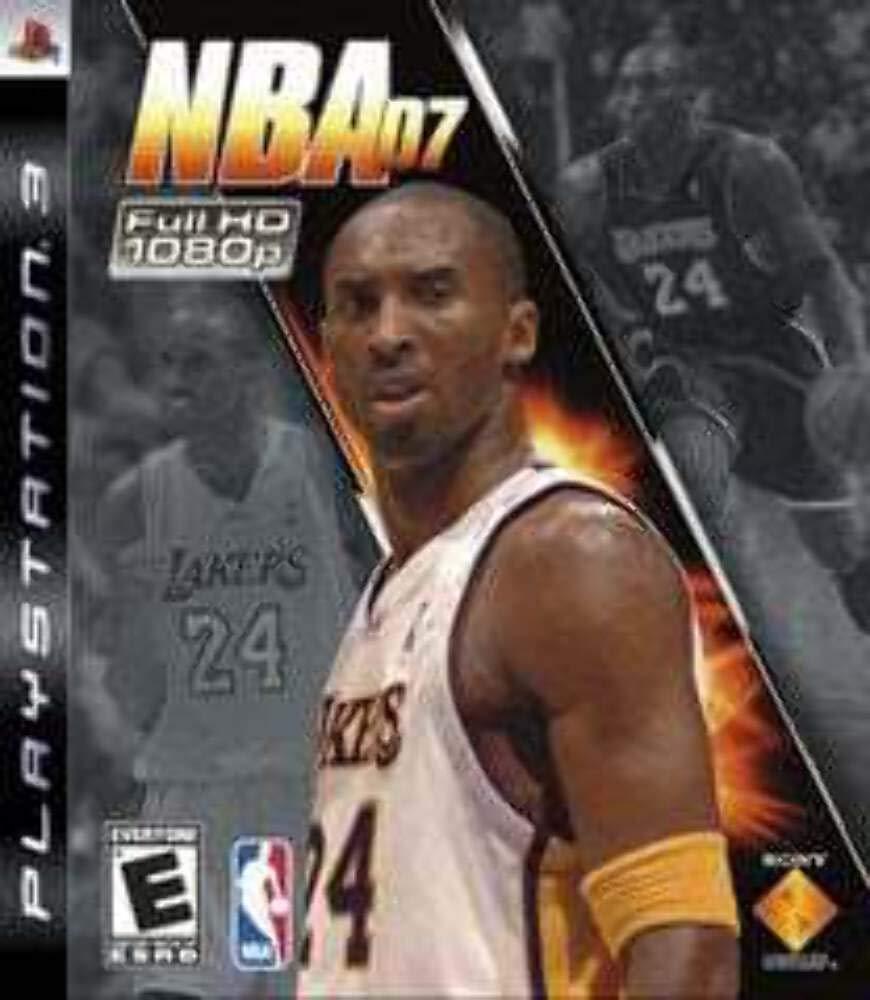 The image features the Everything Games' NBA 07 video game cover for PlayStation 3, showcasing Realistic NBA gameplay. A Lakers player is highlighted with 