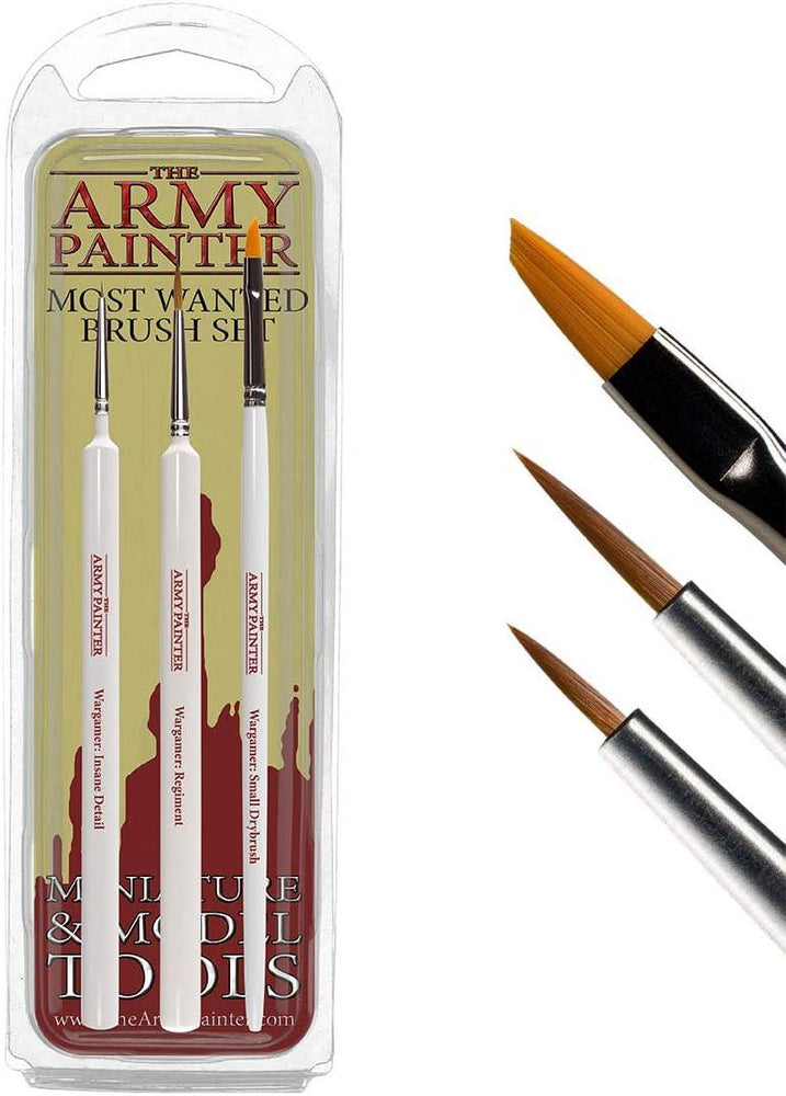 The image displays Army Painter's "Most Wanted Brush Set," a miniature paint brush set featuring three Wargamer brushes with white handles: "Insane Detail," "Regiment," and "Small Drybrush." To the right, close-up views of the Rotmarder sable hair brush tips are shown, offering a range of sizes suitable for both fine detail and broader strokes.