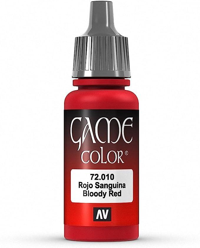 Vallejo Game Color Bloody Red Paint (17ml) features a highly pigmented red in a dropper bottle labeled with product number 72.010. It displays 