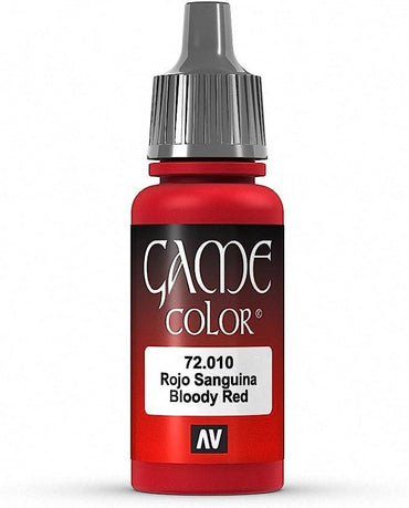 Vallejo Game Color Bloody Red Paint (17ml) features a highly pigmented red in a dropper bottle labeled with product number 72.010. It displays "Rojo Sanguina" and "Bloody Red," making it perfect for enhancing fantasy figures. A black cap tops the white label, with "AV" at the bottom for acrylic color enthusiasts.