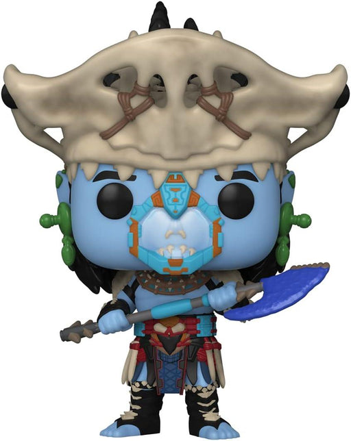 A stylized Funko Pop! Marvel: Black Panther: Wakanda Forever - Attuma vinyl bobblehead by Funko depicts a character with blue skin, wearing a large skull headdress with tusks and decorative stitching. The figure has green earrings and holds a blue, jagged-edged axe. Dressed in an intricate, colorful outfit with small skull details and a chest plate, it’s perfect for any Marvel collection.
