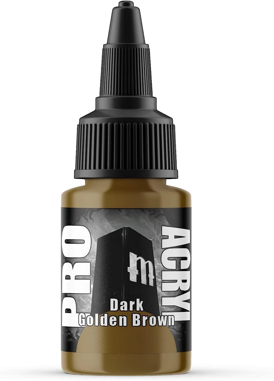 The Monument Hobbies 062-Pro Acryl Dark Golden Brown Acrylic Model Paint, with its distinctive black cap and m-branded label, is perfect for painting wargame miniatures and tabletop projects.