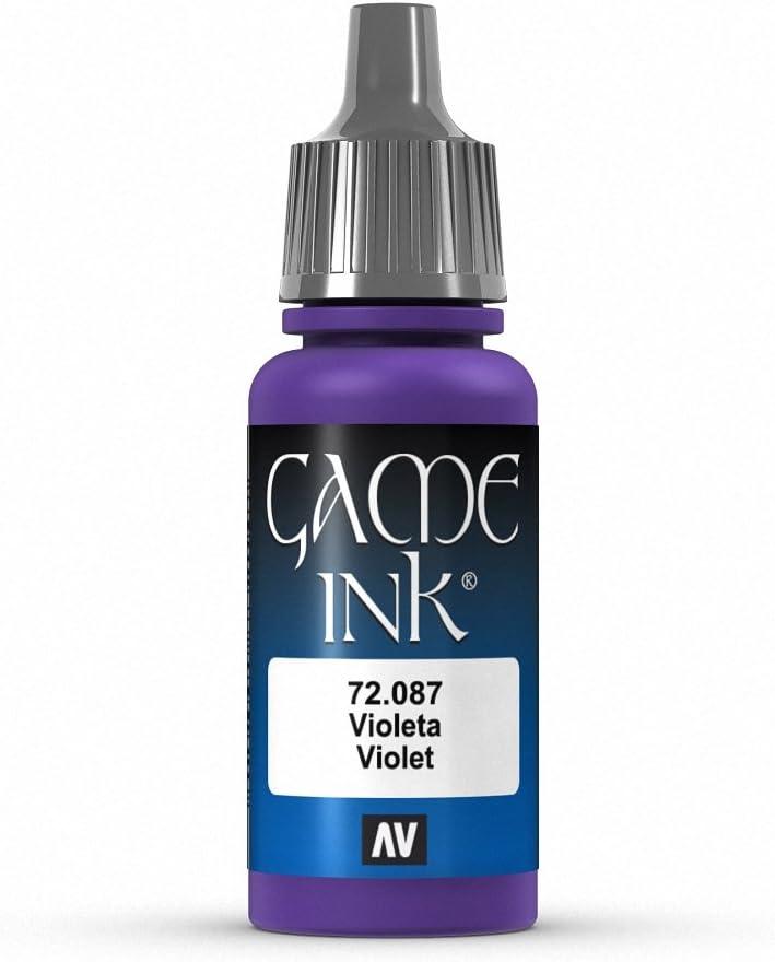 A 17ml bottle of Vallejo Game Color Violet Paint offers highly pigmented ink ideal for fantasy figures. It features a purple body with a dark gray cap, labeled 