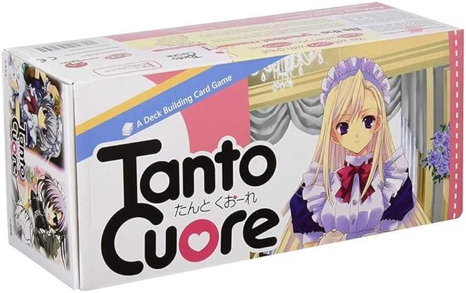 The "Tanto Cuore" box from Arclight Games features colorful artwork with a maid-themed, anime-style character in a violet and white uniform. Vibrant backgrounds with floral motifs surround the game's black and white title.