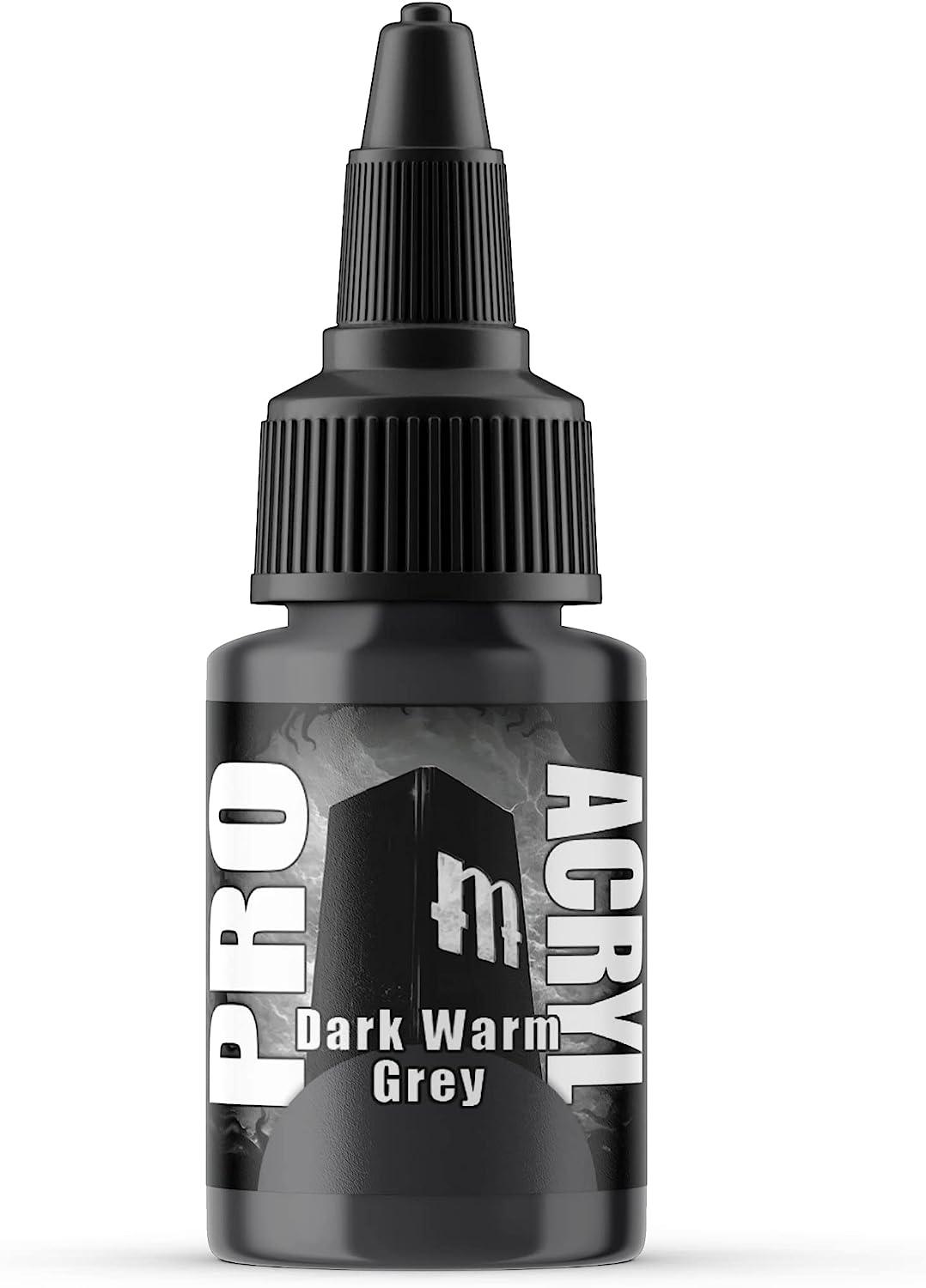 The Monument Hobbies 016-Pro Acryl Dark Warm Grey bottle is ideal for tabletop projects, with a tapered nozzle cap for precision. Its sleek design features a grayscale color scheme, bold white text on the label, and the prominent 