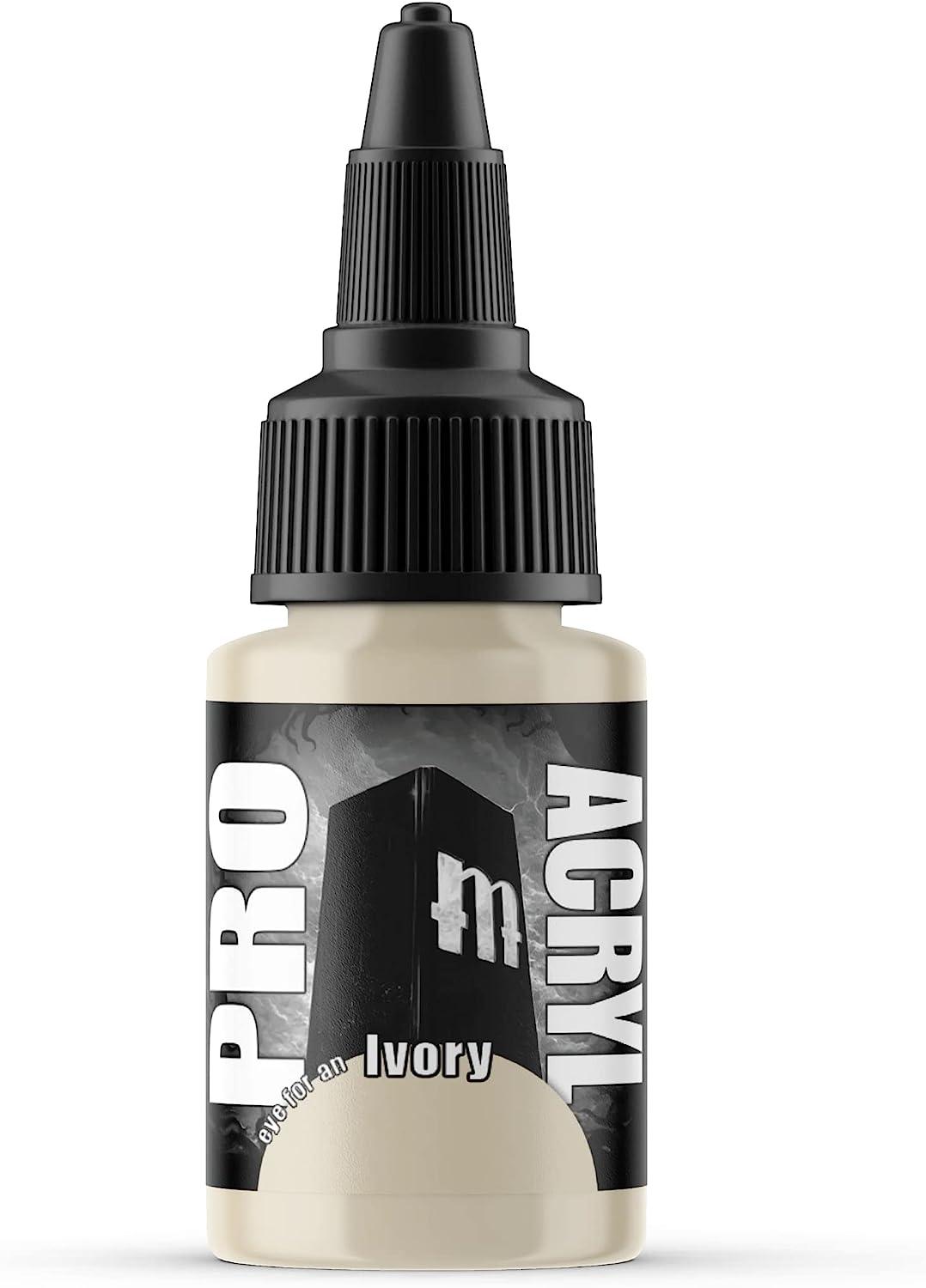 The Monument Hobbies 023-Pro Acryl Ivory is a dropper bottle with a black cap, ideal for tabletop hobby projects. Its label shows 