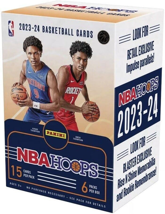 A box of 2023-24 Panini NBA Hoops Basketball Blaster Box by Panini, with images of two players in their team jerseys. The box has 6 packs, each containing 15 cards. Promotional text highlights exclusive parallels and inserts including Blaster Box Exclusive Rise N Shine Memorabilia Cards. The box is primarily white with a blue and red design.