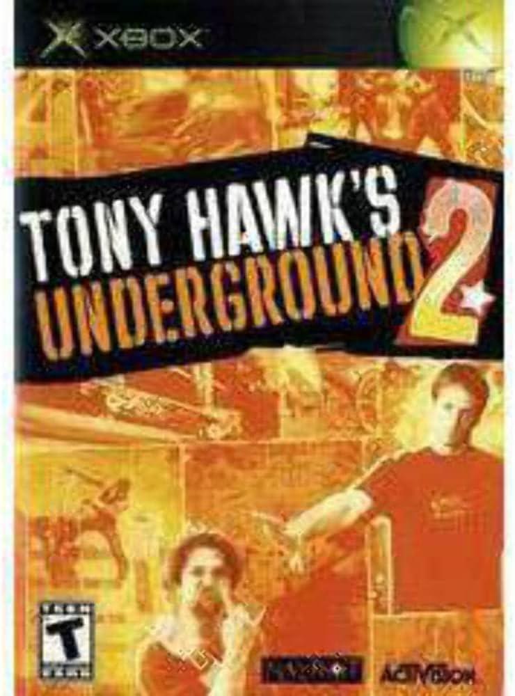 Cover of the skateboarding video game "Tony Hawks Underground 2" for Xbox by Everything Games. Features stylized orange and yellow graphics with skaters, with the title in bold white and orange text. The official Xbox and Activision logos are displayed at the bottom, and it is rated "T for Teen.