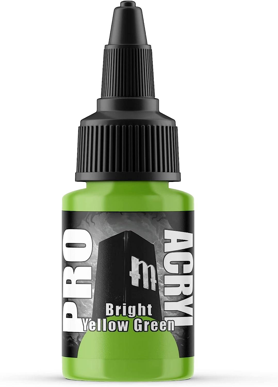 The Monument Hobbies Pro Acryl Bright Yellow Green Acrylic Model Paint for Plastic Models is ideal for tabletop hobbies, featuring a vibrant yellow-green shade. Its black and white label with a prominent 