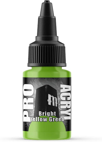 The Monument Hobbies Pro Acryl Bright Yellow Green Acrylic Model Paint for Plastic Models is ideal for tabletop hobbies, featuring a vibrant yellow-green shade. Its black and white label with a prominent "m" reads "PRO ACRYL" vertically with "Bright Yellow Green," and it includes high-density pigments and a ribbed, pointed black cap.