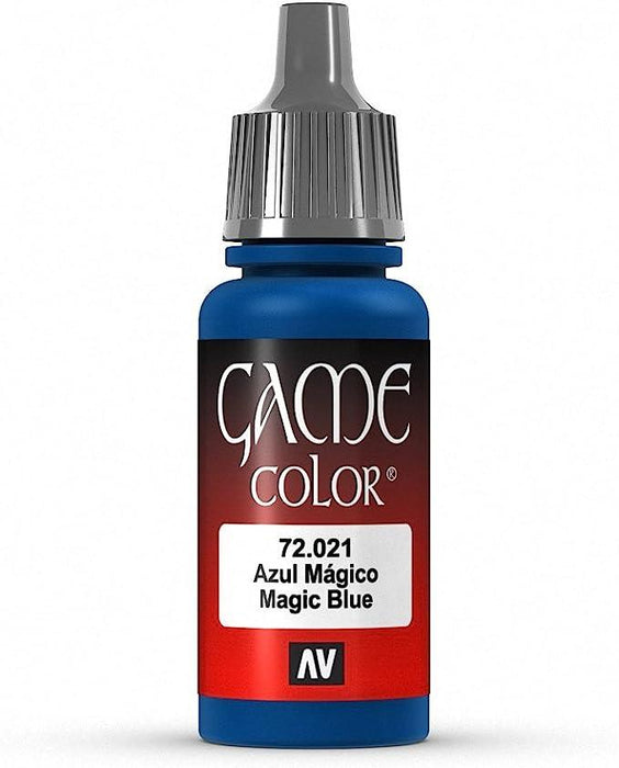 A small bottle of Vallejo Game Color Magic Blue Paint, 17ml labeled "72.021 Azul Mágico Magic Blue" with a black cap. The bottle has a blue base color, and the label is predominantly red and white with white text and a black logo featuring the letters "AV." Perfect for highly pigmented acrylic colors on fantasy figures.