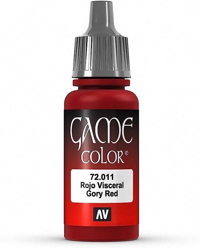 The Vallejo Gory Red Paint, 17ml, is seen in a red container with a gray cap. Ideal for fantasy figures, it offers highly pigmented acrylic colors in matte and opaque finishes. The AV logo sits prominently at the bottom center of the label amid white logos and text on the red background.