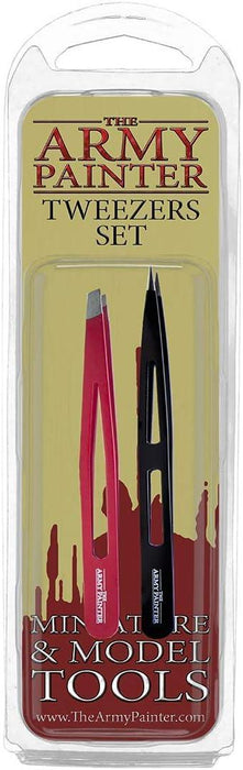 The image shows the packaging of "Army Painter The Army Painter Tweezer Set," ideal for model assembly and miniatures. It includes two crafting tweezers, one red with a slanted tip and one black with a pointed tip, secured in a clear plastic case with a yellow background. The text reads "Miniature & Model Tools.