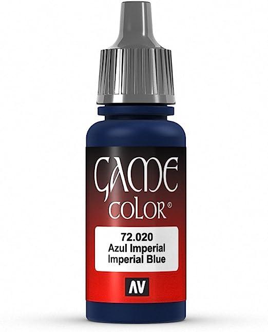 A 17ml Vallejo Game Color Imperial Blue paint bottle has a blue cap, red label with 