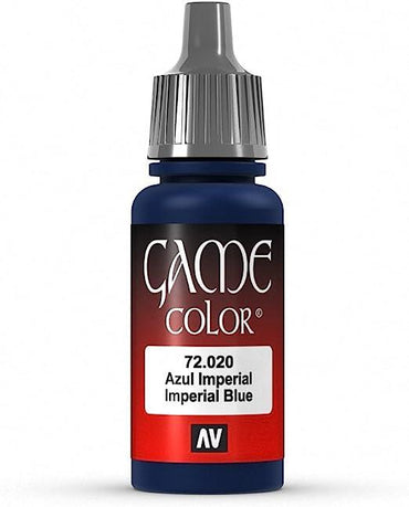 A 17ml Vallejo Game Color Imperial Blue paint bottle has a blue cap, red label with "Game Color 72.020 Azul Imperial Imperial Blue" and "AV" on it. Highly pigmented, it provides matte, opaque coatings in deep blue—ideal for painting fantasy figures by model enthusiasts.