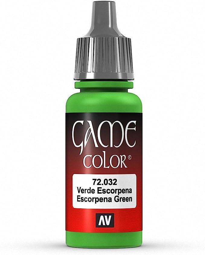 The Vallejo Game Color Scorpy Green Paint, 17ml, comes in a bottle with a gray cap and red label featuring "72.032 Verde Escorpena Escorpena Green" text. It has the AV logo at the bottom and is ideal for painting fantasy figures with its bright green paint.