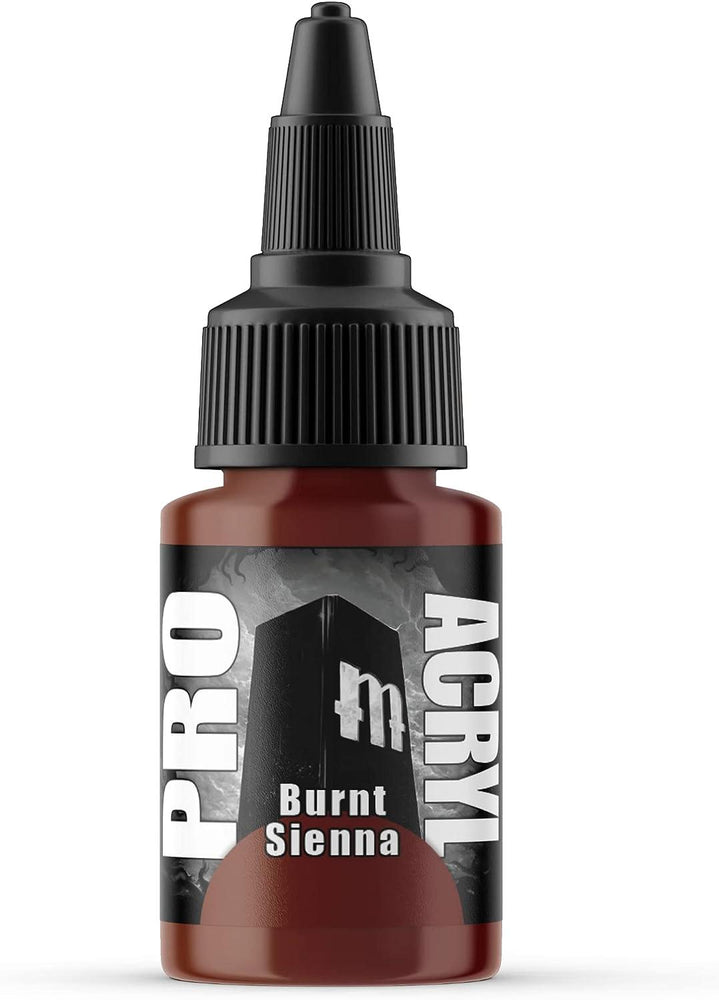 The Monument Hobbies 059-Pro Acryl Brunt Sienna acrylic paint is ideal for wargame miniatures, featuring a cylindrical bottle with a pointed black cap and a label with stylized text and an abstract black-and-gray design. Its reddish-brown hue is perfect for tabletop hobby projects.