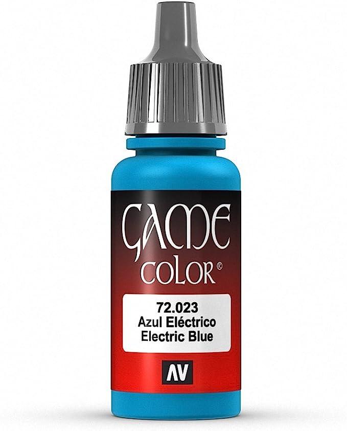 The Vallejo Electric Blue Paint, 17ml, offers highly pigmented acrylic colors. The mostly blue bottle with a gray dropper cap features a red gradient label and the AV logo at the bottom, ideal for mat and opaque coatings.