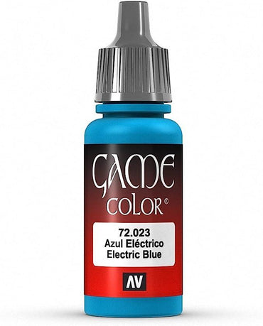 The Vallejo Electric Blue Paint, 17ml, offers highly pigmented acrylic colors. The mostly blue bottle with a gray dropper cap features a red gradient label and the AV logo at the bottom, ideal for mat and opaque coatings.