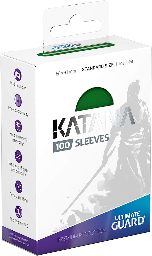 Ultimate Guard's Katana Card Sleeves Standard in Green offer 100 sleeves for standard-sized cards. Showcasing Japanese craftsmanship, they ensure clarity, durability, smooth shuffling, and are acid-free—perfect for tournaments. The design features a katana-wielding silhouette.