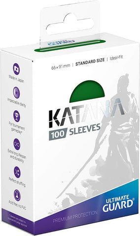 Ultimate Guard's Katana Card Sleeves Standard in Green offer 100 sleeves for standard-sized cards. Showcasing Japanese craftsmanship, they ensure clarity, durability, smooth shuffling, and are acid-free—perfect for tournaments. The design features a katana-wielding silhouette.