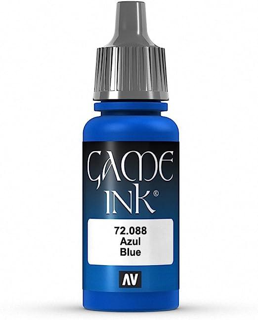 A 17ml bottle of Vallejo Game Color Ink Blue is displayed with a blue plastic body and gray cap. The label says 