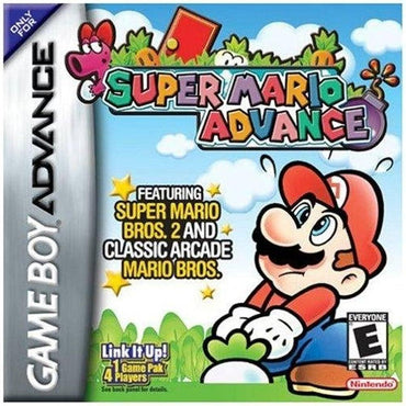 Cover art of the Everything Games "Super Mario Advance" game, featuring Mario looking up towards the title, with Yoshi's face peeking from the top-left corner. The text highlights "Super Mario Bros. 2" and "Classic Arcade Mario Bros." with a tagline promoting multiplayer connectivity. Rated "E for Everyone." A nod to classic NES Mario games adds nostalgic charm.