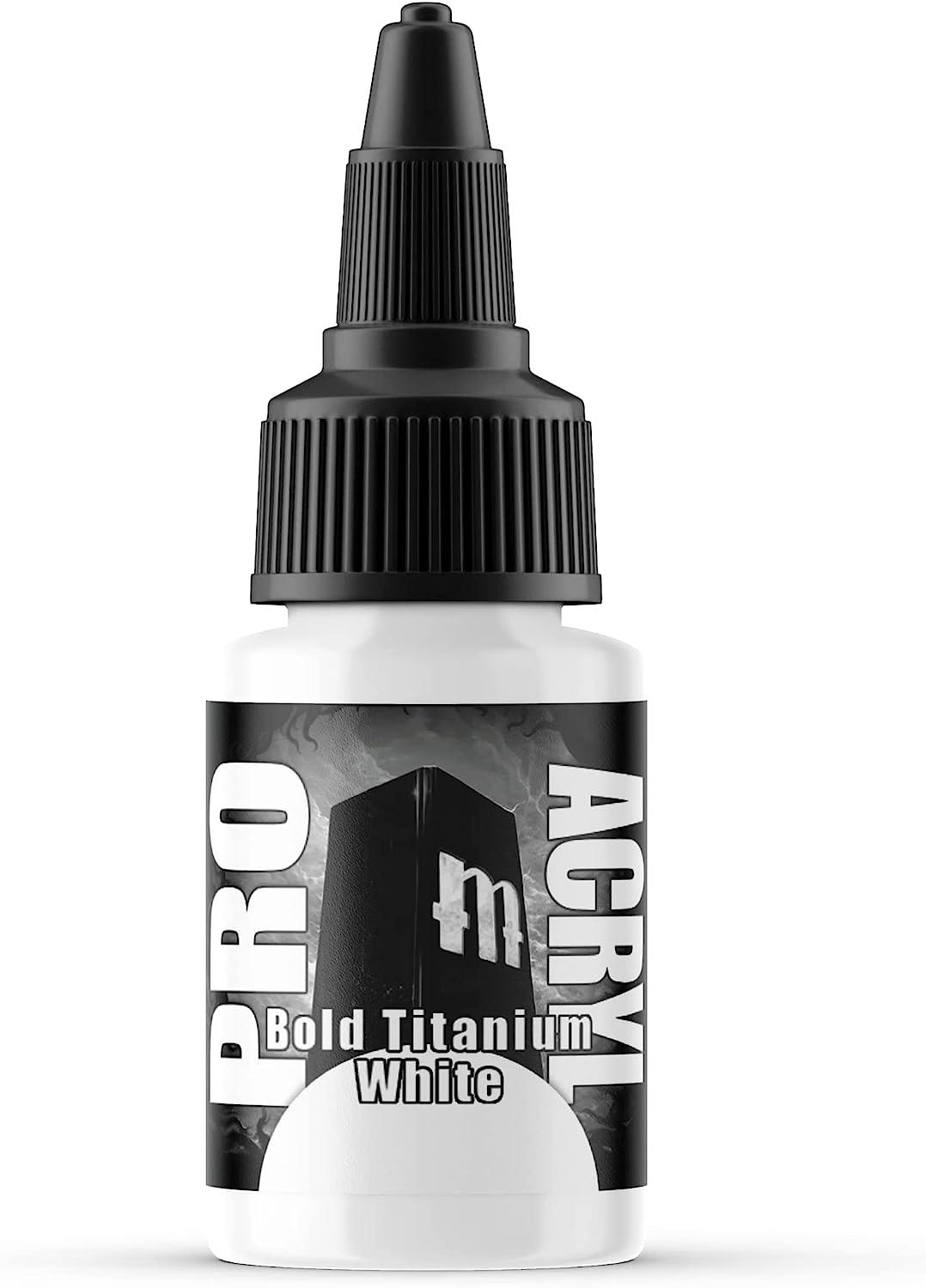 Close-up of Monument Hobbies 001-Pro Acryl Bold Titanium White bottle, ideal for miniature painting and tabletop projects, with a stylized 