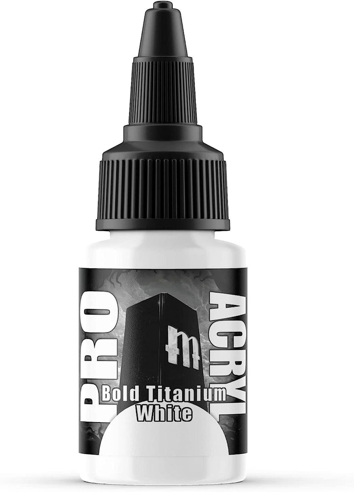 Close-up of Monument Hobbies 001-Pro Acryl Bold Titanium White bottle, ideal for miniature painting and tabletop projects, with a stylized "m" logo on gray and black label, featuring a black screw cap and pointed nozzle for precise application.