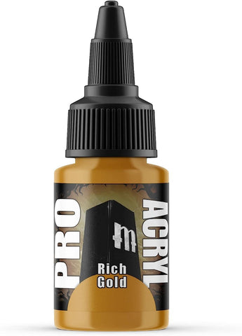 Enhance your tabletop games and miniatures with Monument Hobbies 028-Pro Acryl Rich Gold. This paint features a black cap and nozzle, a gold-themed label, and "PRO" and "ACRYL" printed vertically on the sides while "Rich Gold" is prominently displayed in the center.