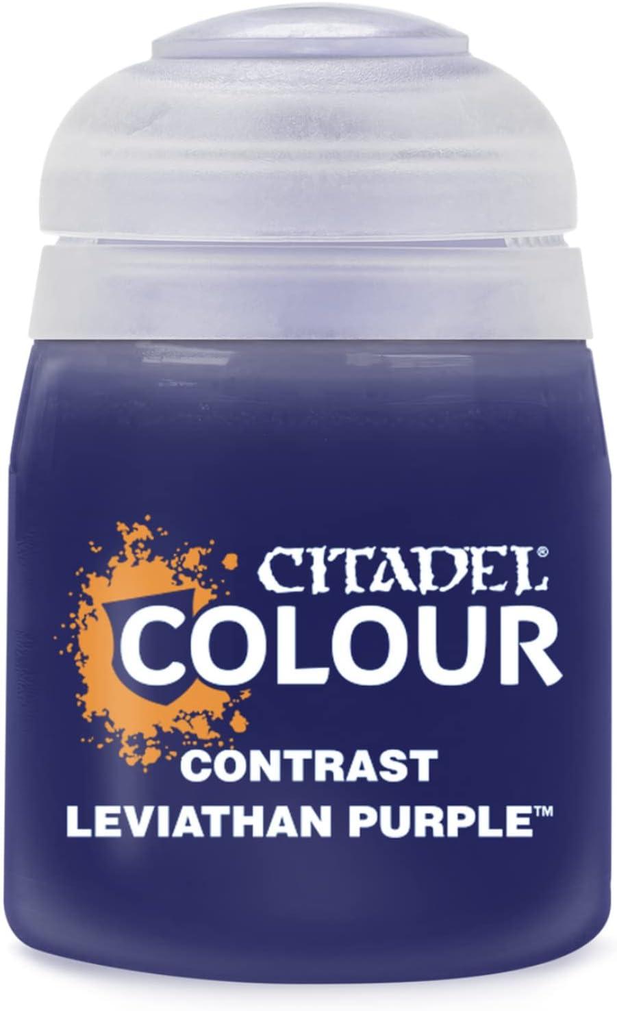 A Citadel Contrast - Leviathan Purple paint jar, featuring a dark purple hue and a clear lid, perfect for realistic shading. The 