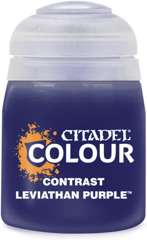 A Citadel Contrast - Leviathan Purple paint jar, featuring a dark purple hue and a clear lid, perfect for realistic shading. The "Citadel" logo is highlighted with an orange splash design.