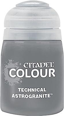 A small jar of Citadel Technical - Astrogranite paint is ideal for adding special effects to miniatures. The gray container with a domed, faint blue-tinted lid displays the 