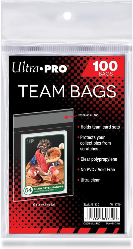 A package of Ultra PRO - Team Bags Resealable Sleeves (100 ct.) by Ultra PRO contains 100 ultra-clear polypropylene bags. The packaging features an image of a catcher in action on a baseball card, highlighting that these bags are designed to hold team card sets, protect collectibles from scratches, and are both PVC-free and acid-free.