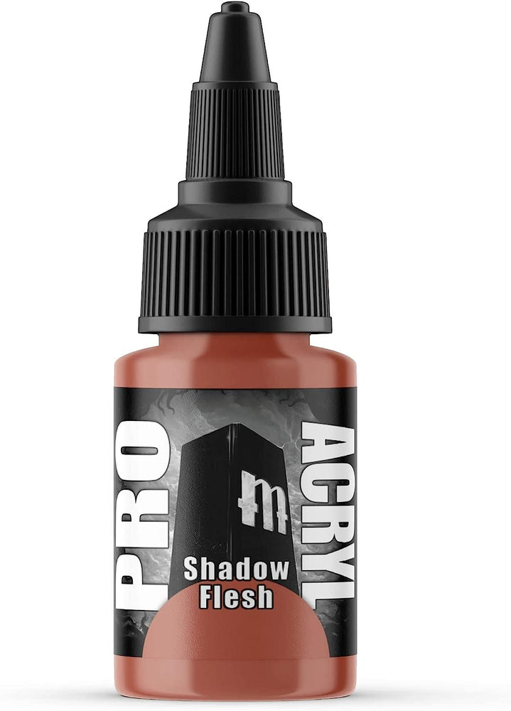 The Monument Hobbies Pro Acryl Shadow Flesh paint is in a small cylindrical bottle with a black pointed cap, ideal for hobby miniatures and tabletop games. The label has a grayscale design with bold white "PRO ACRYL" text on the sides.