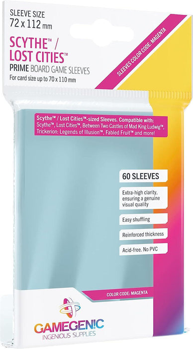 Prime Board Game Sleeves | Pack of 60 Extra-Clear Sleeves Color Code Magenta | 72 by 112 mm Card Sleeves Optimized for Scythe and Lost Cities