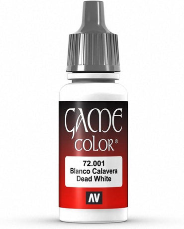 The Vallejo Game Color Dead White Paint, 17ml, is a highly pigmented acrylic ideal for fantasy figures. It features a white bottle with a dark gray dropper cap and a label with red background adorned with white and black text detailing the product.