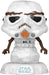 A Funko Pop! Star Wars Holiday: Stormtrooper Snowman by Funko depicts a Stormtrooper snowman from the Star Wars set. The vinyl bobblehead features a white, textured body resembling snow, with dark eyes, a mouth made of sticks, orange carrot-like features, and twig-like arms. It stands on a snowy base with the Star Wars logo.