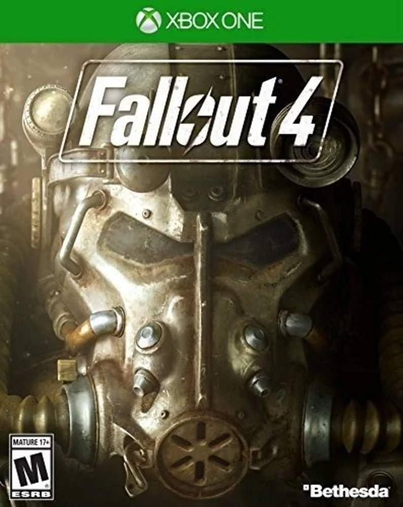 The image is the cover art for the post-apocalyptic RPG "Fallout 4" on Xbox One. It features a detailed close-up of a character wearing a metallic power armor helmet with various mechanical details. The title "Fallout 4" appears at the top in white letters, along with "Everything Games" and "Mature 17+ ESRB".