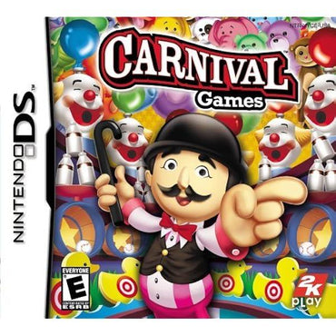 The cover art of Everything Games' "Carnival Games" for DS features an animated carnival barker with a mustache, hat, and colorful vest. Touchscreen controls add to the fun with mini-games amidst vibrant balloons and clown booths. Rated "Everyone" by ESRB.