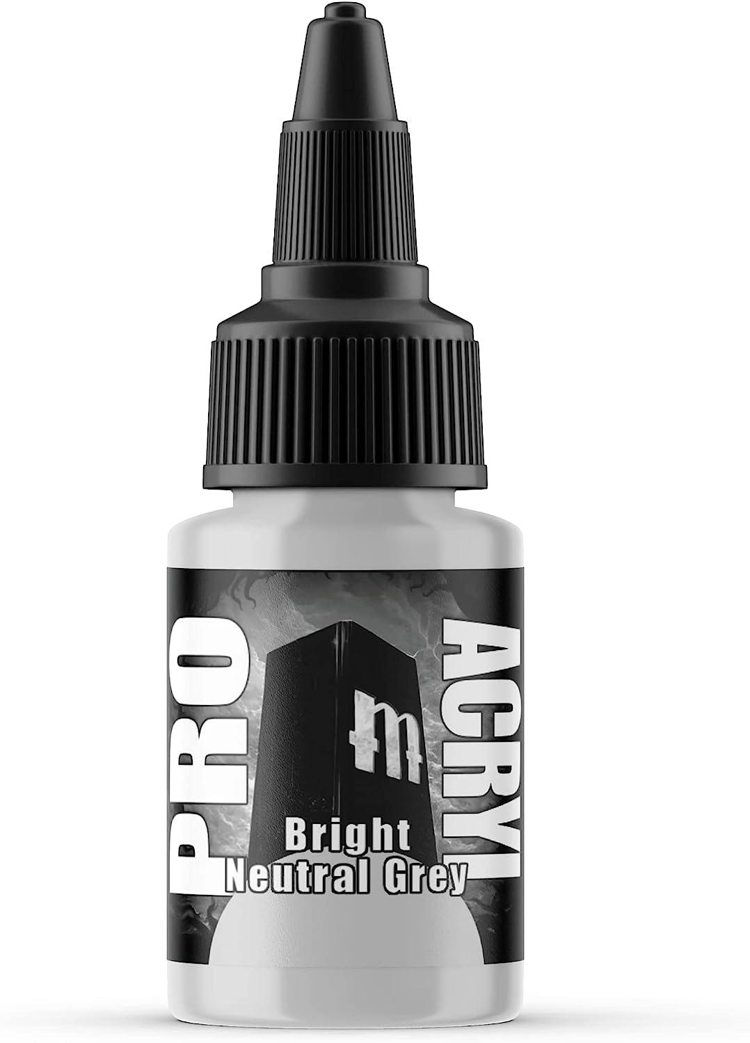 The Monument Hobbies 045-Pro Acryl Bright Neutral Grey is an ideal acrylic paint for tabletop projects, featuring monochromatic artwork on its label with bold white lettering. This small bottle has a black screw cap and nozzle for precise dispensing, making it perfect for hobbyists.