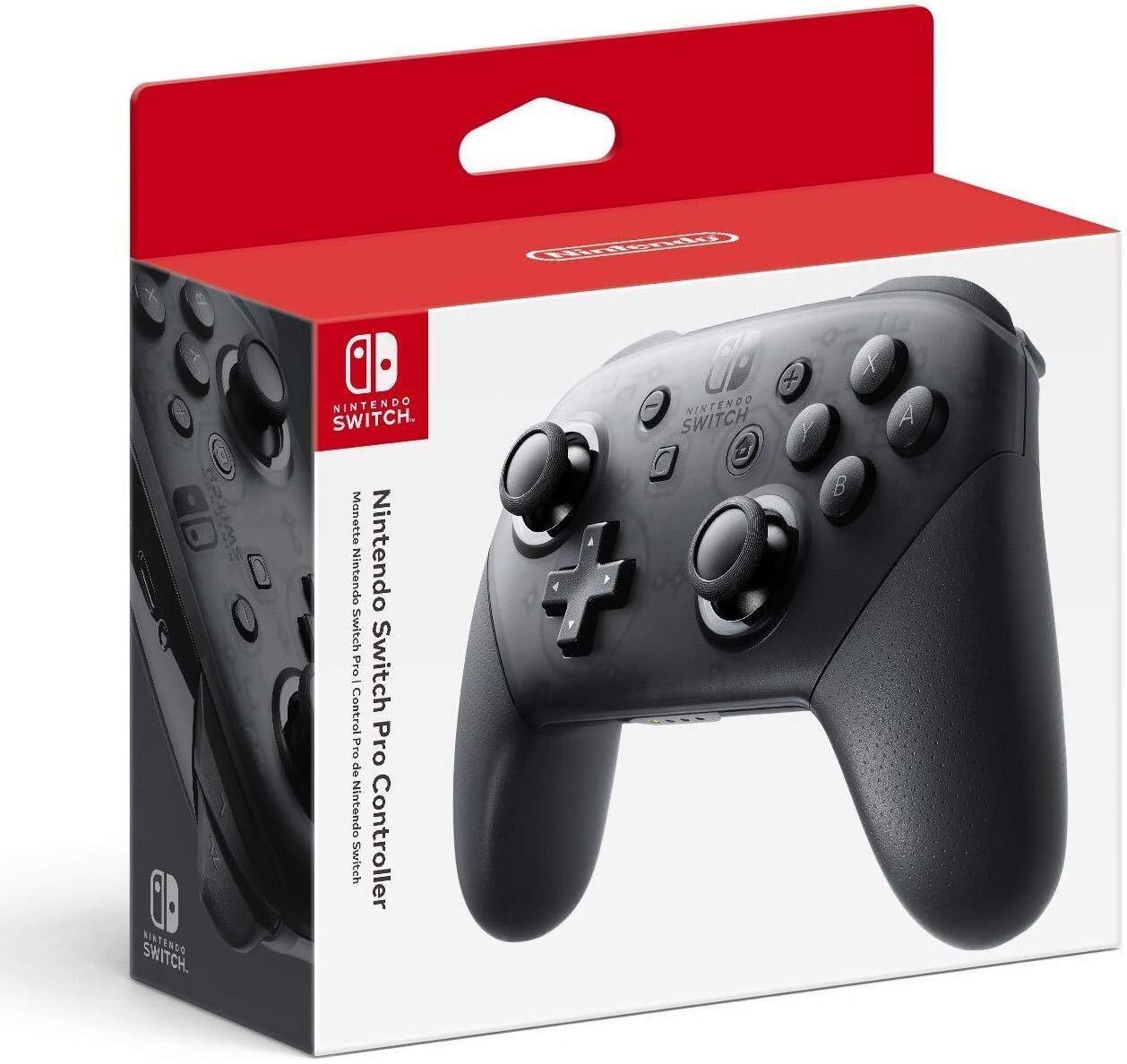 The image features the Nintendo Switch Pro Controller, a wireless gaming controller in sleek black with visible buttons and thumbsticks. Its packaging prominently displays the red and white Nintendo Switch logo, highlighting its compatibility with Nintendo Switch systems.