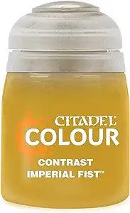 Image of Citadel Contrast – Imperial Fist paint in a translucent pot with vibrant yellow visible, a gray lid, and white text displaying the brand Citadel and color name.